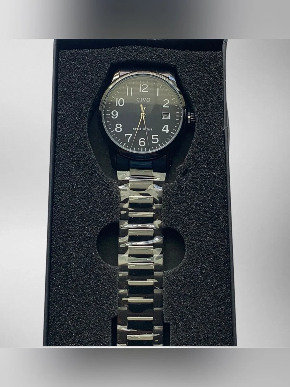 CIVO 8348 Black Dial Quartz Watch Date Stainless Steel Bracelet